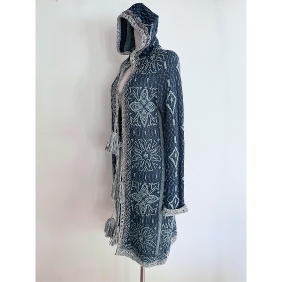 Free People Kai Pom Pom Fringe Geo Print Hooded Longline Long Cardigan Sweater M - Picture 5 of 9